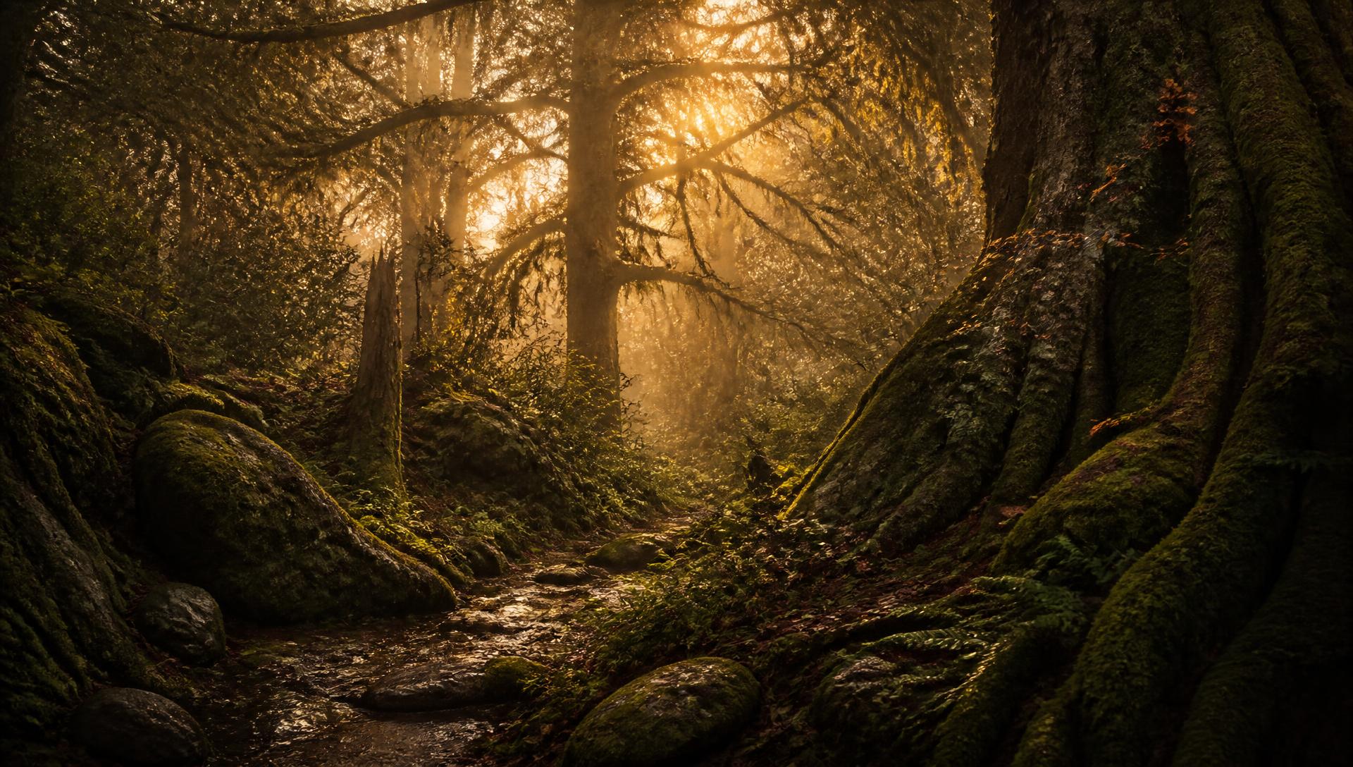 Bosque después de la lluvia con luz dorada entre los árboles